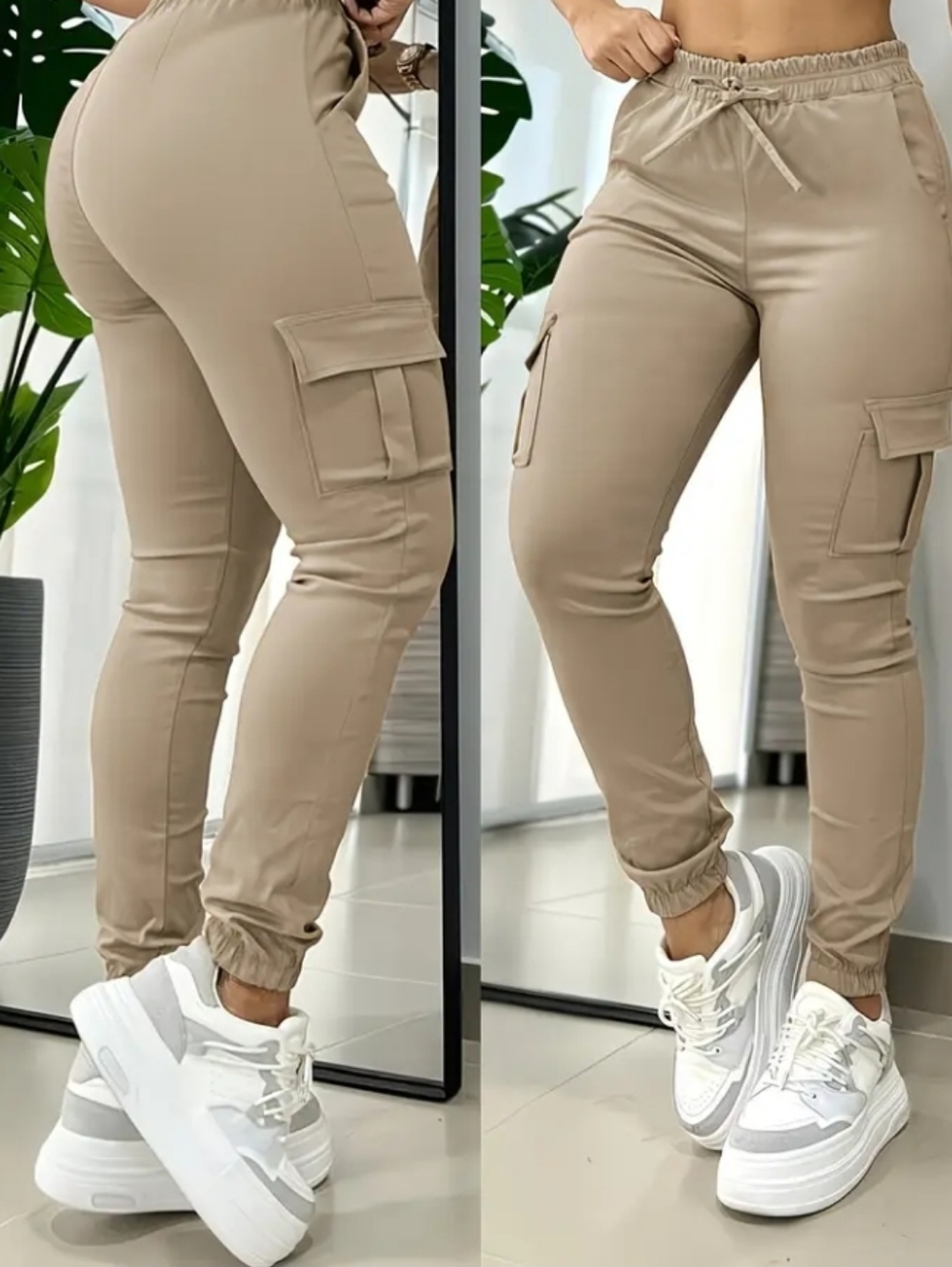 NWT Khaki Cargo Jogger Pants for Women - Stretchy Waist